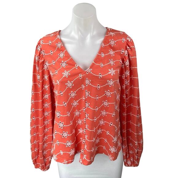 Asos Orange Floral Embroidered Eyelet Puff Long Sleeve V-Neck Blouse Top Size 8 - Picture 1 of 4